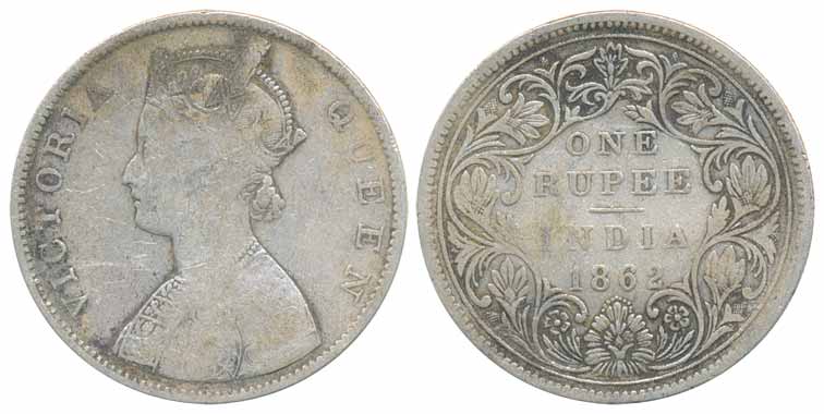 Victoria Queen, Silver Rupee, 1862, Bombay Mint, B/II/0/10 (Prid# 93). Fine+, very rare.