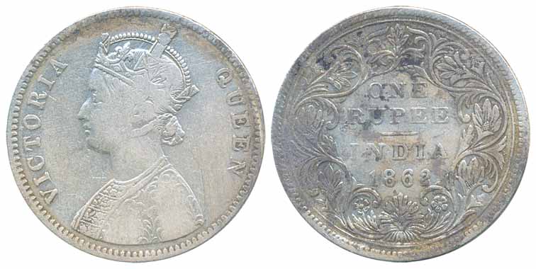Victoria Queen, Silver Rupee, 1862, A/II/2/0 (Prid# 70). Very fine, rare.