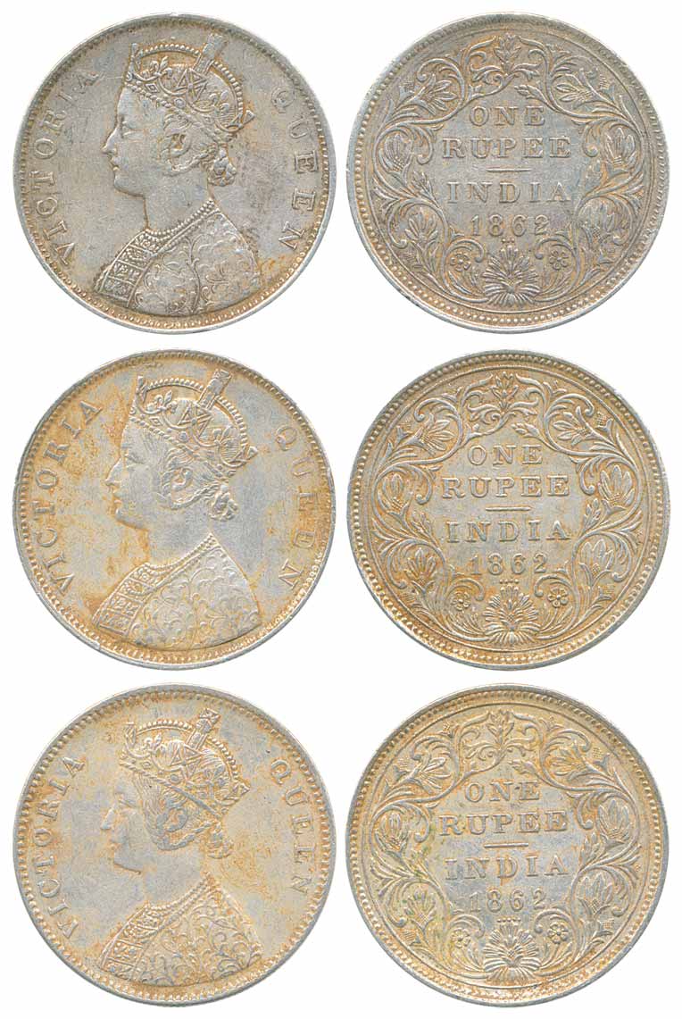 Victoria Queen, Silver Rupee (3), 1862, B/II/0/3 (Prid# 77), B/II/0/4 (Prid# 81) and A/II/