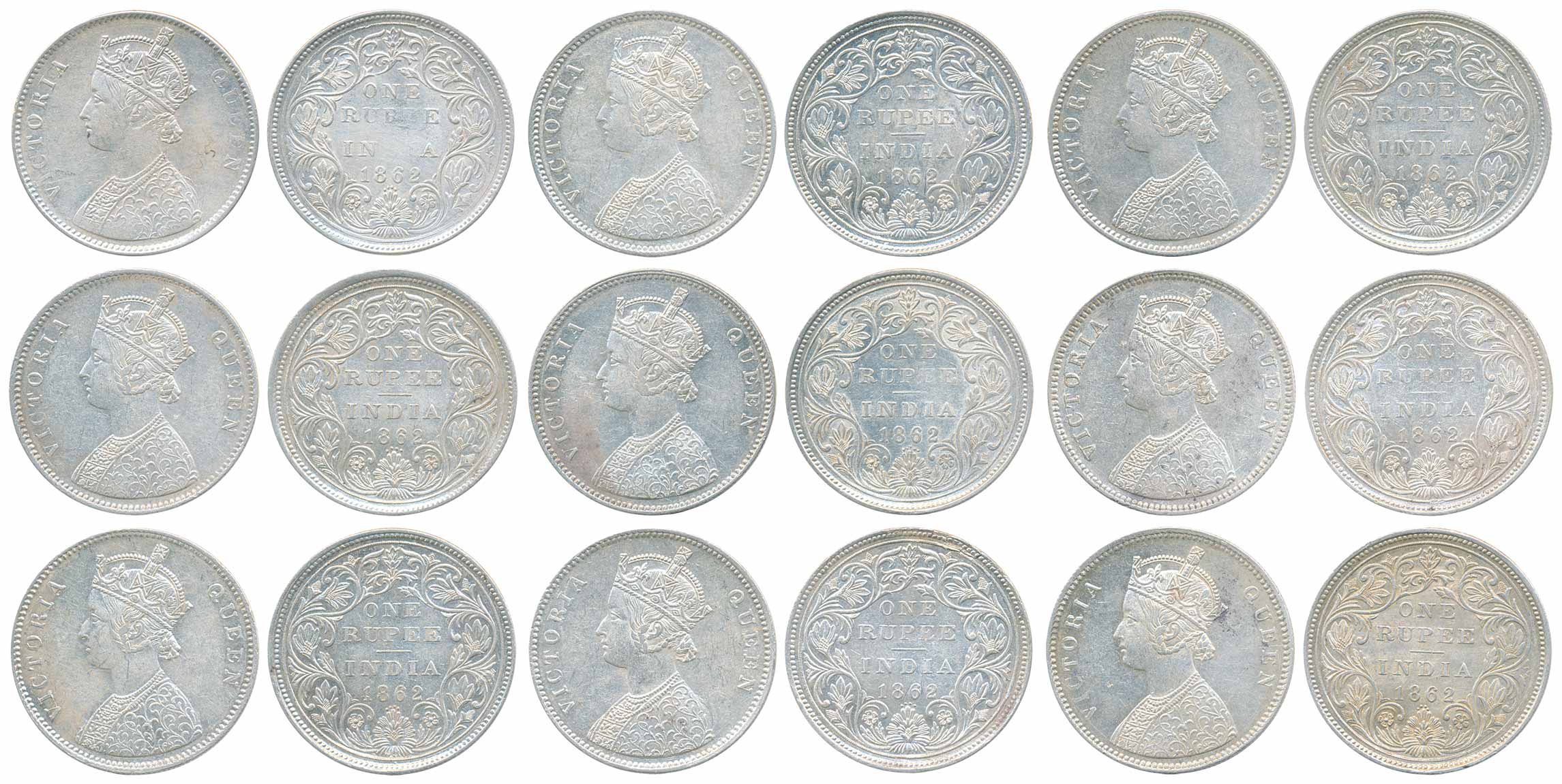 Victoria Queen, Silver Rupee (9), 1862, 5 dots (1), 6 dots (1) and 4 dots (7). Very fine+.