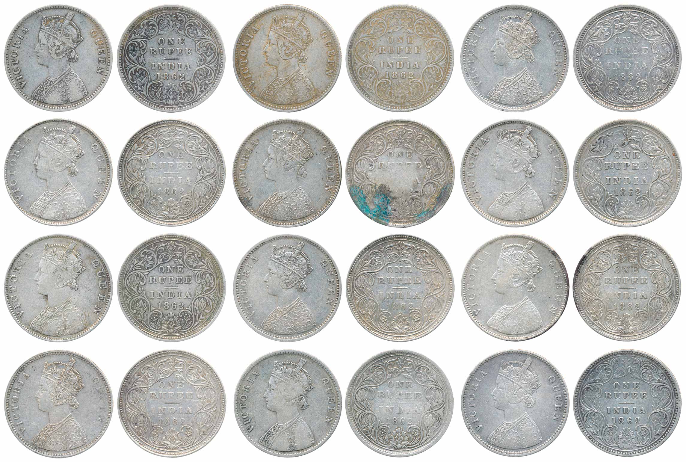 Victoria Queen, Silver Rupee (12), 1862. Fine to very fine. 12 coins.
