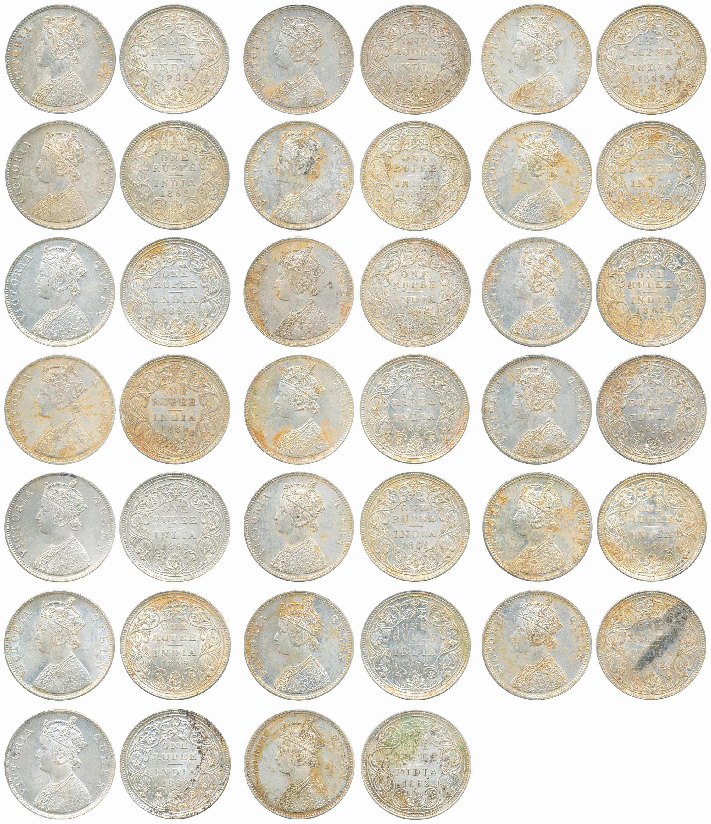 Victoria Queen, Silver Rupee (20), 1862, all different dot varieties are as 1-A/II/0/0, 2-