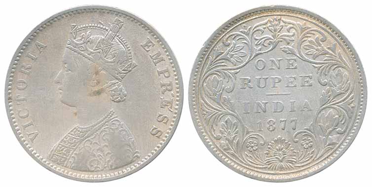 Victoria Empress, Silver Rupee, 1877, Calcutta Mint, A/II, no dot (Prid# 115). Very fine.