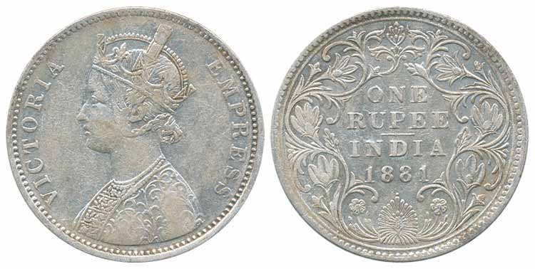 Victoria Empress, Silver Rupee, 1881, Bombay Mint, A3/IV dot (Prid# 157). Very fine.