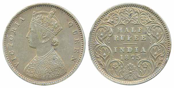 Victoria Queen, Silver ½ Rupee, 1875, Calcutta Mint, A/I (Prid# 260). About uncirculated, 