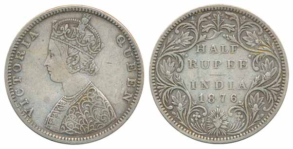 Victoria Queen, Silver ½ Rupee, 1876, B2/II dot (Prid# 287). Very fine.
