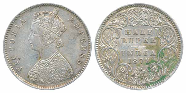 Victoria Empress, Silver ½ Rupee, 1878, Calcutta Mint, A/I (Prid# 262). Extremely fine, ve