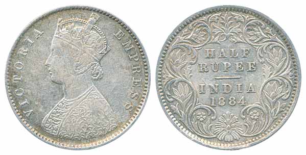 Victoria Empress, Silver ½ Rupee, 1884, Calcutta Mint, A/I (Prid# 268). Very fine+, rare.