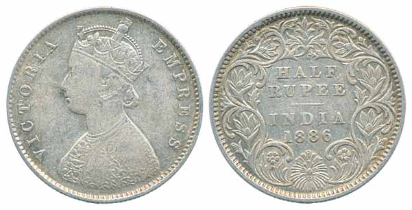 Victoria Empress, Silver ½ Rupee, 1886, Calcutta Mint, A/I (Prid# 270). Very fine+, scarce