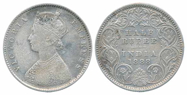 Victoria Empress, Silver ½ Rupee, 1888, Calcutta Mint, A/I (Prid# 272). Very fine, scarce.