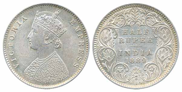 Victoria Empress, Silver ½ Rupee, 1889, Calcutta Mint, A/I (Prid# 273). About uncirculated