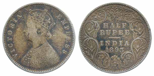 Victoria Empress, Silver ½ Rupee, 1893, Bombay Mint, A/I (Prid# 303). Very fine, rare.