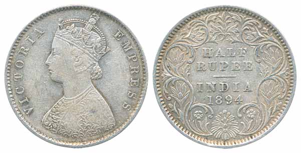 Victoria Empress, Silver ½ Rupee, 1894, Calcutta Mint, A/I (Prid# 278). Very fine, scarce.