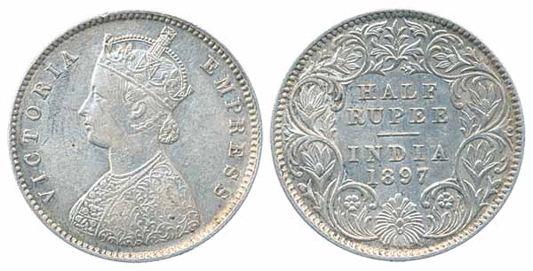 Victoria Empress, Silver ½ Rupee, 1897, Calcutta Mint, A/I (Prid# 280). Very fine, rare.