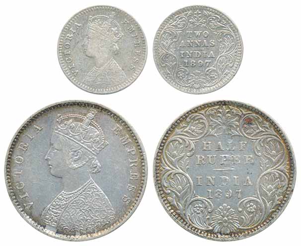 Victoria Empress, Silver (2), ½ Rupee, 1897, Bombay Mint, A/I (Prid# 305) and 2 Anna, 1897