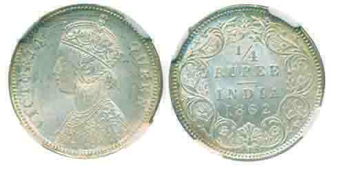 Victoria Queen, Silver ¼ Rupee, 1862, Calcutta Mint (Prid# 376). Graded as MS 63 by PCGS, 
