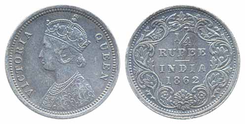 Victoria Queen, Silver ¼ Rupee,Error1862, Madras Mint, numeral 1 instead I of Victoria (Pr