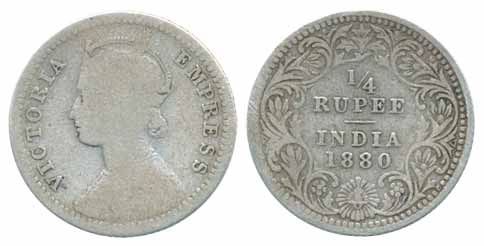 Victoria Queen, Silver ¼ Rupee, 1880, Calcutta Mint (Prid# 385). Fine+, exceedingly rare. 