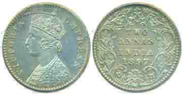 Victoria Empress, Silver 2 Anna Proof, 1897 (Prid# 103). Graded PR 64 by PCGS, early restr