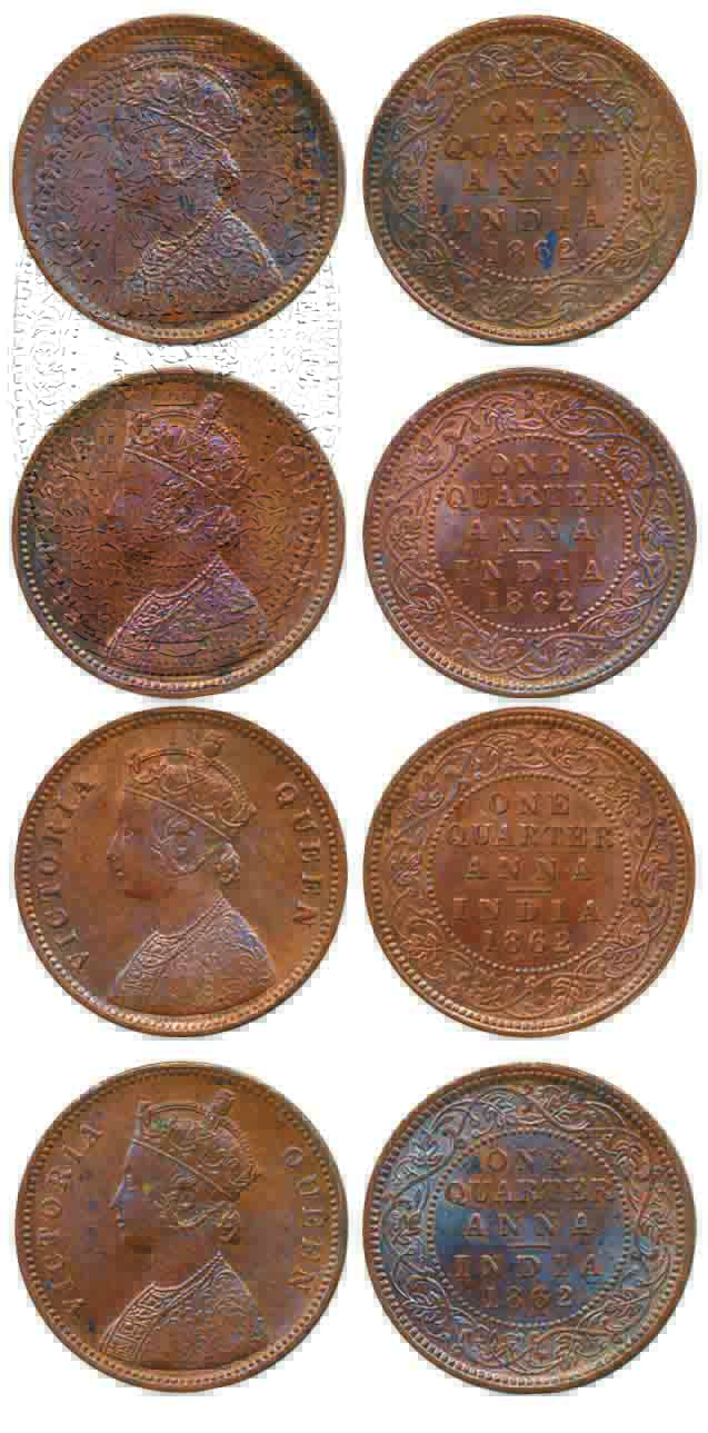 Victoria Queen, Copper ¼ Anna (4), 1862, Calcutta Mint (Prid# 600). Extra fine+. 4 coins.