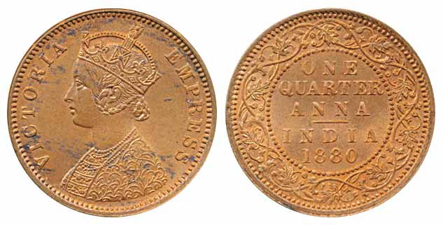 Victoria Empress, Copper ¼ Anna, 1880, Calcutta Mint (Prid# 614). Uncirculated.
