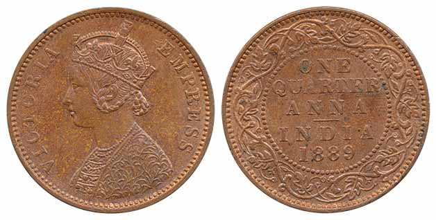 Victoria Empress, Copper ¼ Anna, 1889, Bombay Mint, B/I (Prid# 644). Uncirculated.