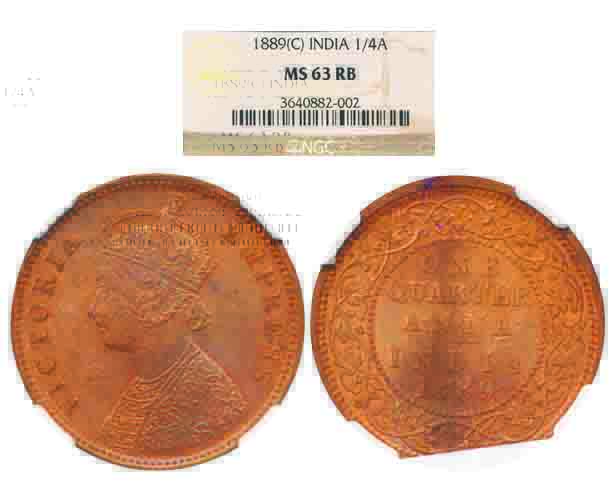 Victoria Empress, Copper ¼ Anna, 1889, Calcutta Mint (Prid# 622). Graded MS 63 RB by NGC.