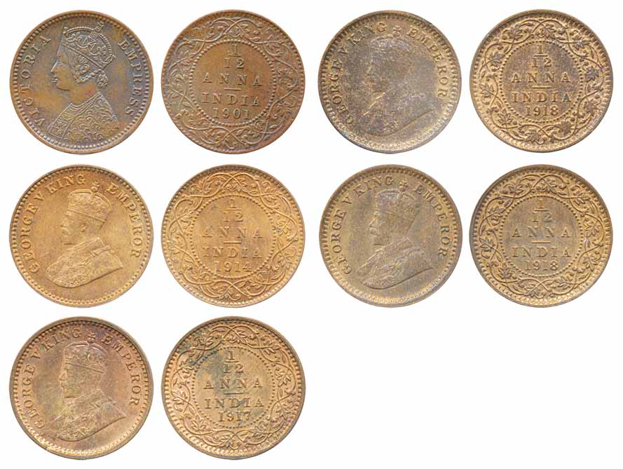 Assorted Lot of Copper 1/12 Anna (5), Victoria, 1901 and Gorge V (4), 1914, 1917 and 1918 