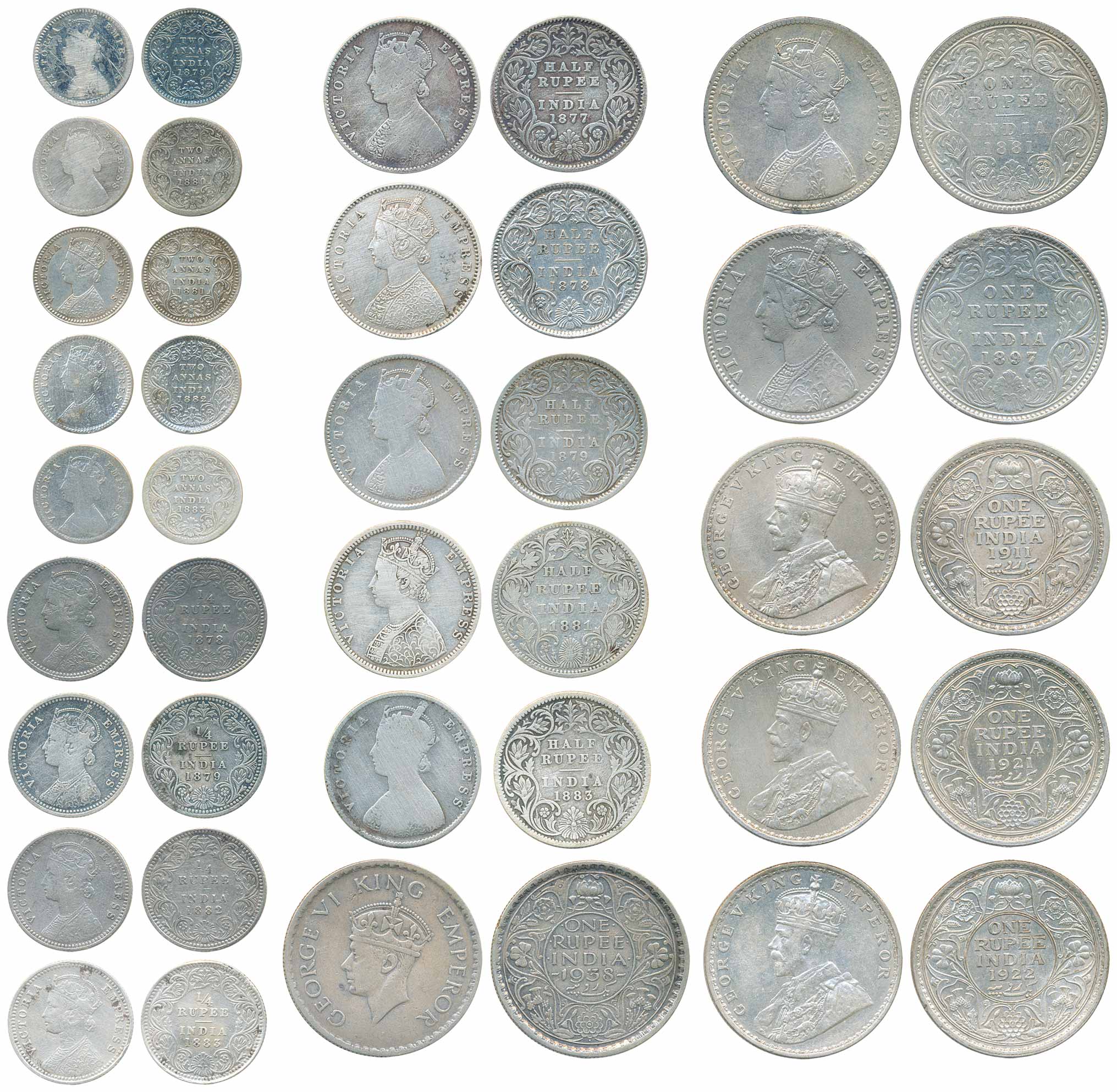 Silver coins (219), Complete date wise collection of British India except 4 missing,1939 R