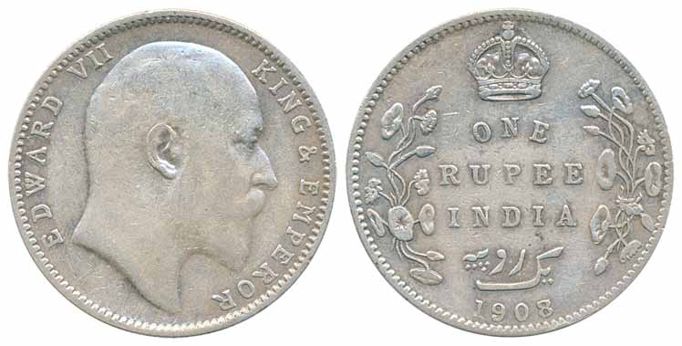 Edward VII, Silver Rupee, 1908, Bombay Mint, Re engraved 8 on 7. Very fine, scarce.