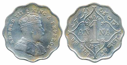 Edward VII, Copro-Nickel, 1 Anna, 1907, Calcutta Mint (Prid# 926). Very fine.