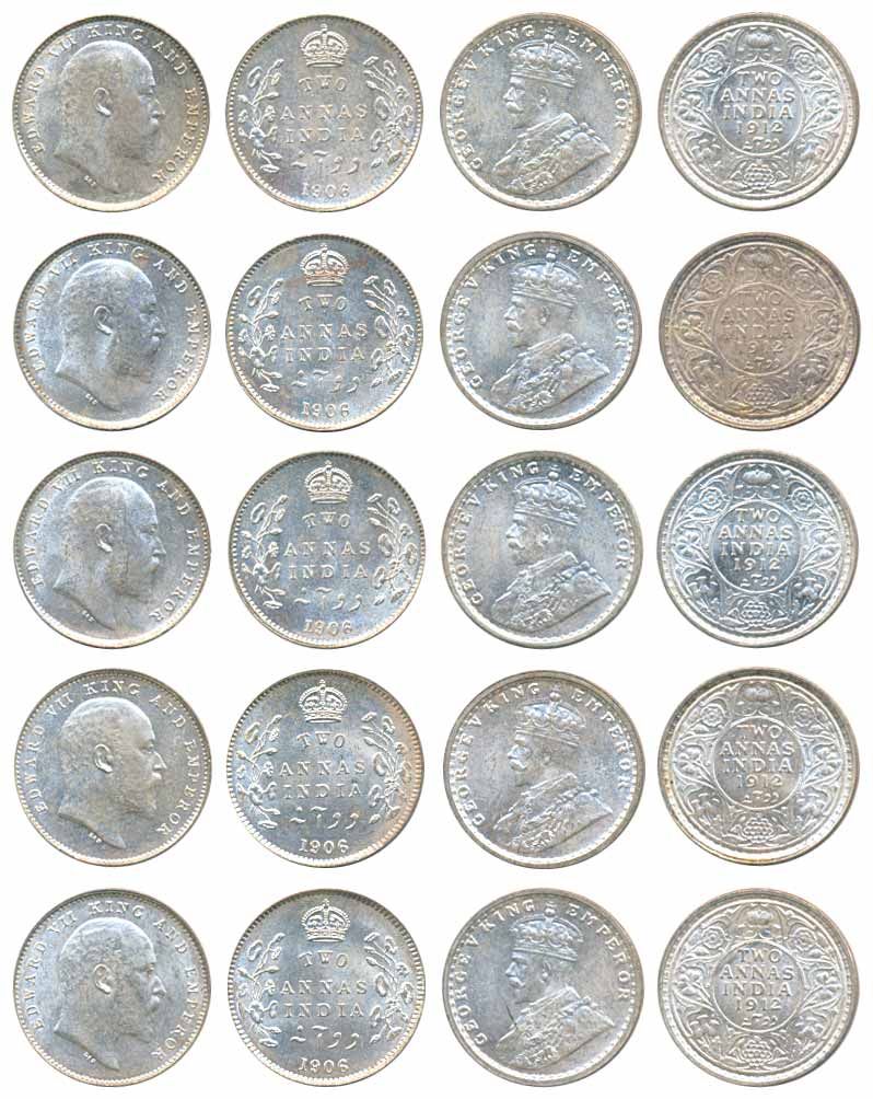 Assorted Silver 2 Anna (10), EdwardVII (5), 1906, Calcutta Mint. Gorge V, 1912, (3) Bombay