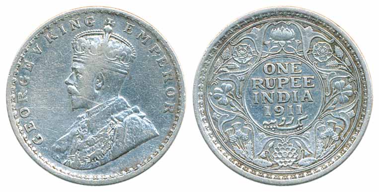 George V, Silver Rupee, 1911, Calcutta Mint, Pig type (Prid# 207). Fine.