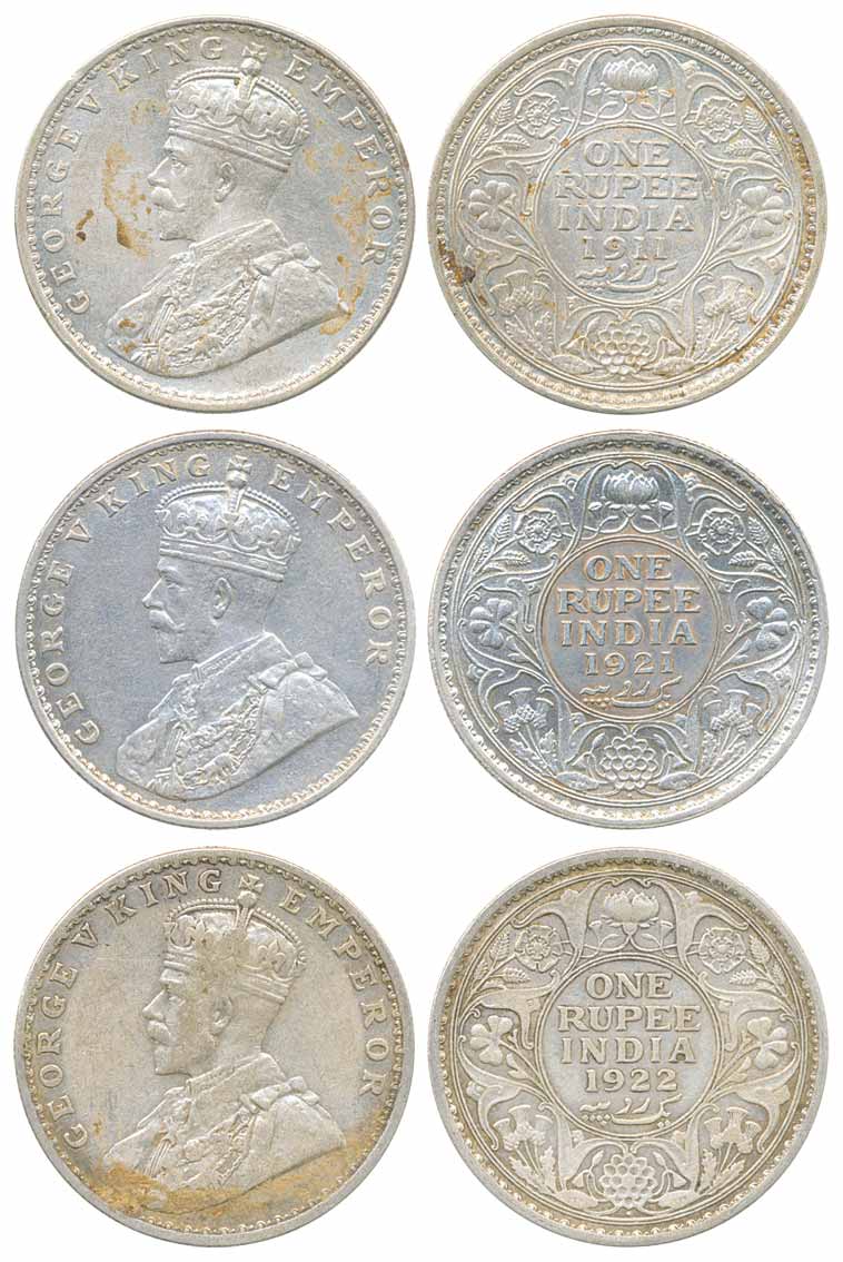 Gorge V, Silver Rupee (3), 1911 (Prid# 207), 1921 (Prid# 227) and 1922 (Prid# 228), all 3 