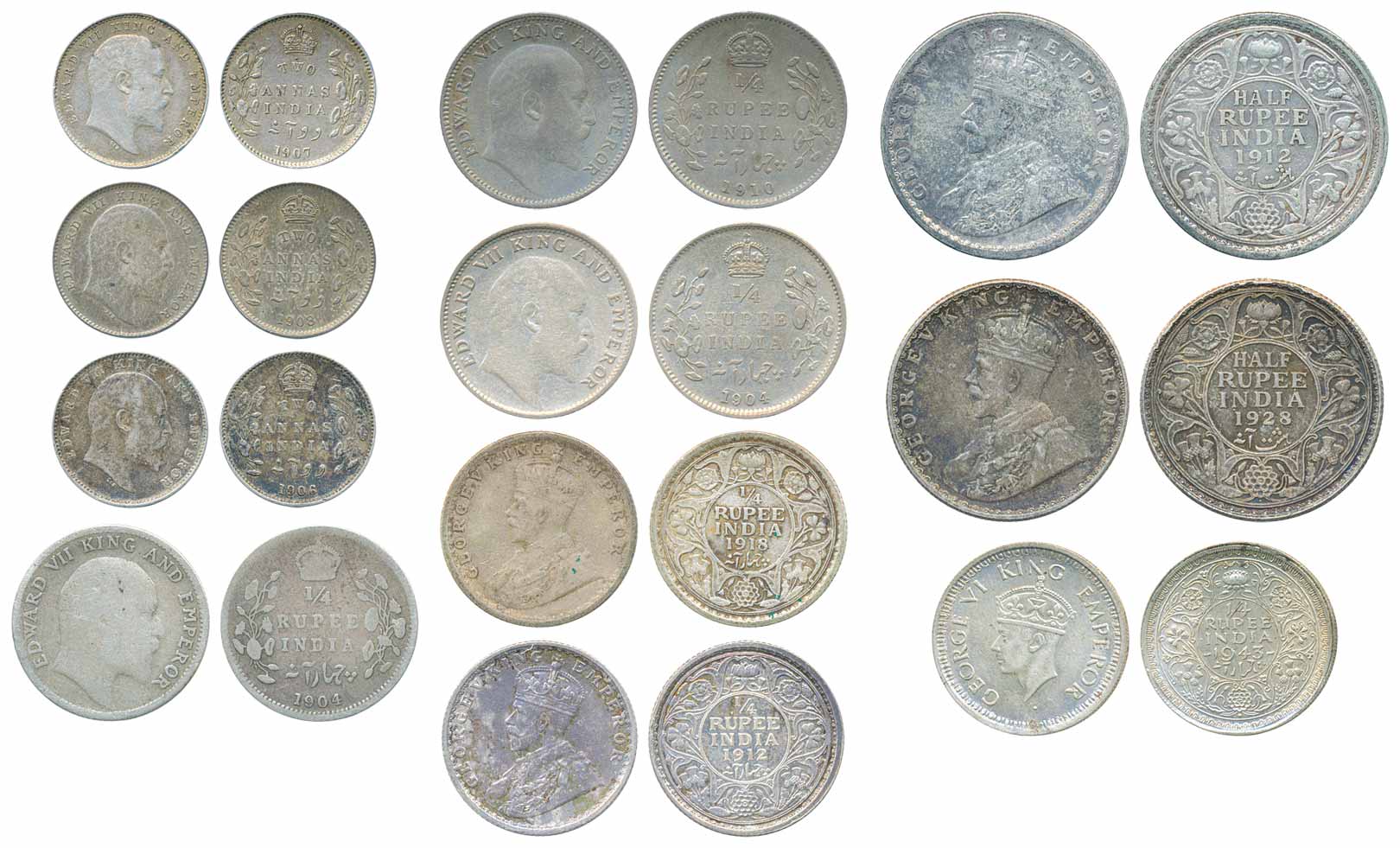 Assorted Silver coins (11), ½ Rupee (2), 1912 and 1928, ¼ Rupee (6), 1904 (2), 1910, 1918,