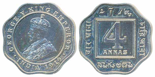 George V, Nickel 4 Anna Proof, 1919, Calcutta Mint. With original mint envelop, rare.