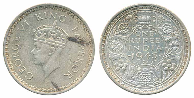 George VI, Silver Rupee, 1943, Bombay Mint (Prid# 242). Very fine.