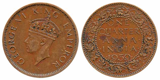Gorge VI, Copper ¼ Anna, 1939, Bombay Mint, Head II type (Prid# 690). Very fine, rare.