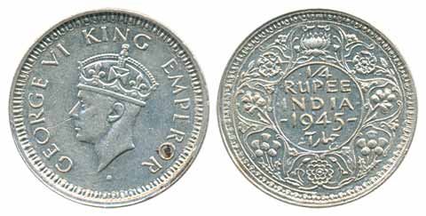 Gorge VI, Silver ¼ Rupee1945, Bombay Mint, Large ‘5’ (Prid# 470). Extra fine+, scarce.