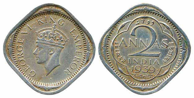 George VI, Copro-Nickel 2 Anna, 1939, Bombay Mint, Head II type (Prid# 914). Very fine.