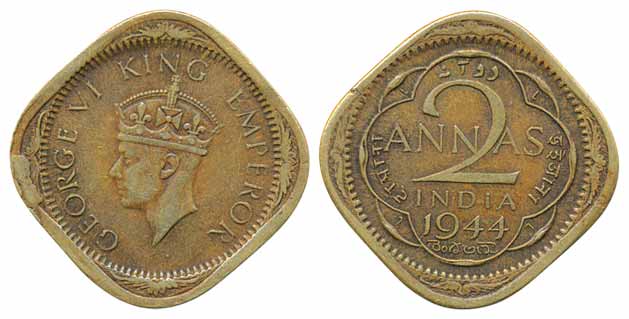 George VI, Nickel Brass, 2 Anna, 1944, Lahore Mint (Prid# 908). Extremely fine.