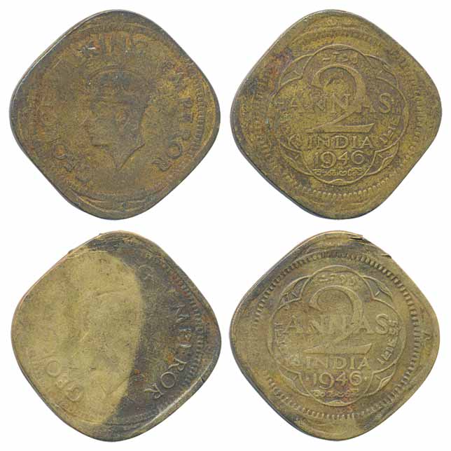 George VI, 2 Annas (2) Brass-OMS, 1946, Bombay and Calcutta Mint. Very fine. 2 coins.