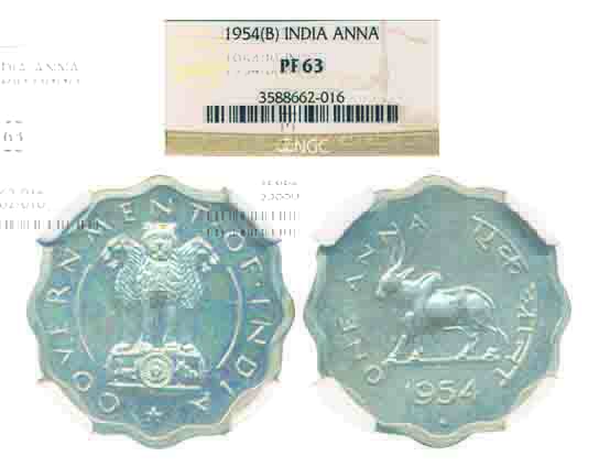 1954,1 Anna Proof,Cupro Nickel, Bombay Mint, graded PF 63 by NGC. Scarce.
