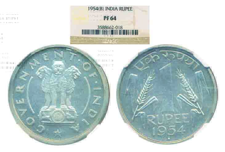 1954, Rupee Proof, Nickel Bombay Mint, graded PF 64 by NGC. Scarce.
