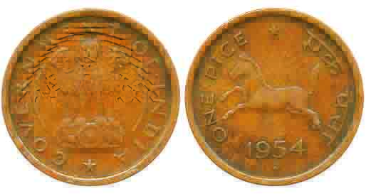 Copper, 1 Pice, 2.90g, Bombay Mint, Reduced weight series 1954, Obv: Ashoka Lion Pillar sy