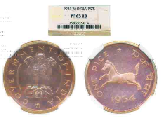 1954, 1 Pice Proof, Bronze Bombay Mint, graded PF 63 RD by NGC. Scarce.