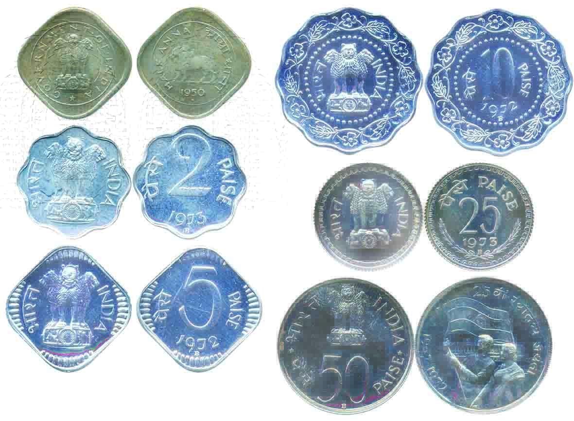 1950, 1972 and 1973, Proof loose coins (6), 50Paise, 10Paise&amp;5Paise all 1972, 2Paisa&a