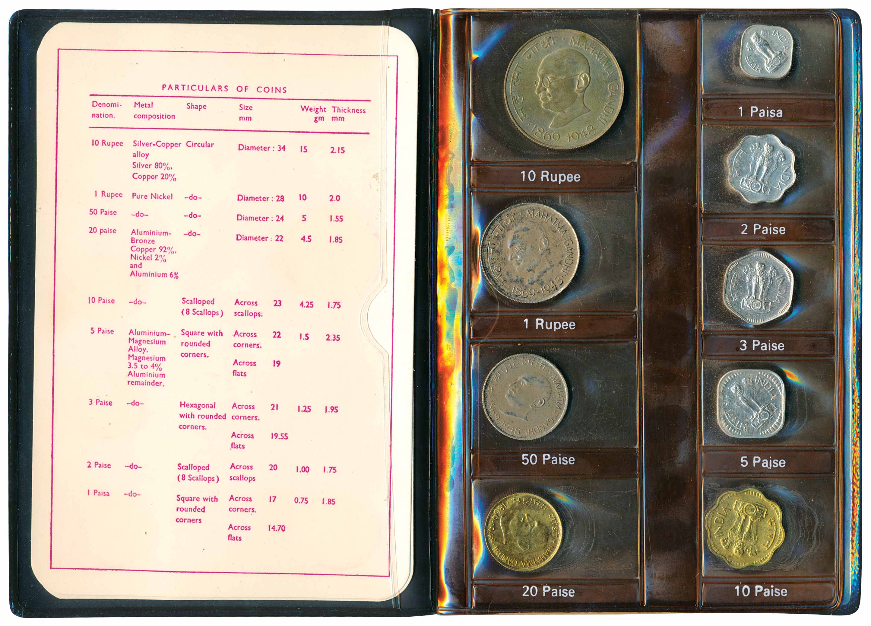 1969, Proof set of ‘Ghandhi Birth Centenary’, set of 9 coins, Rupees 10 to 1Paisa, Bombay 