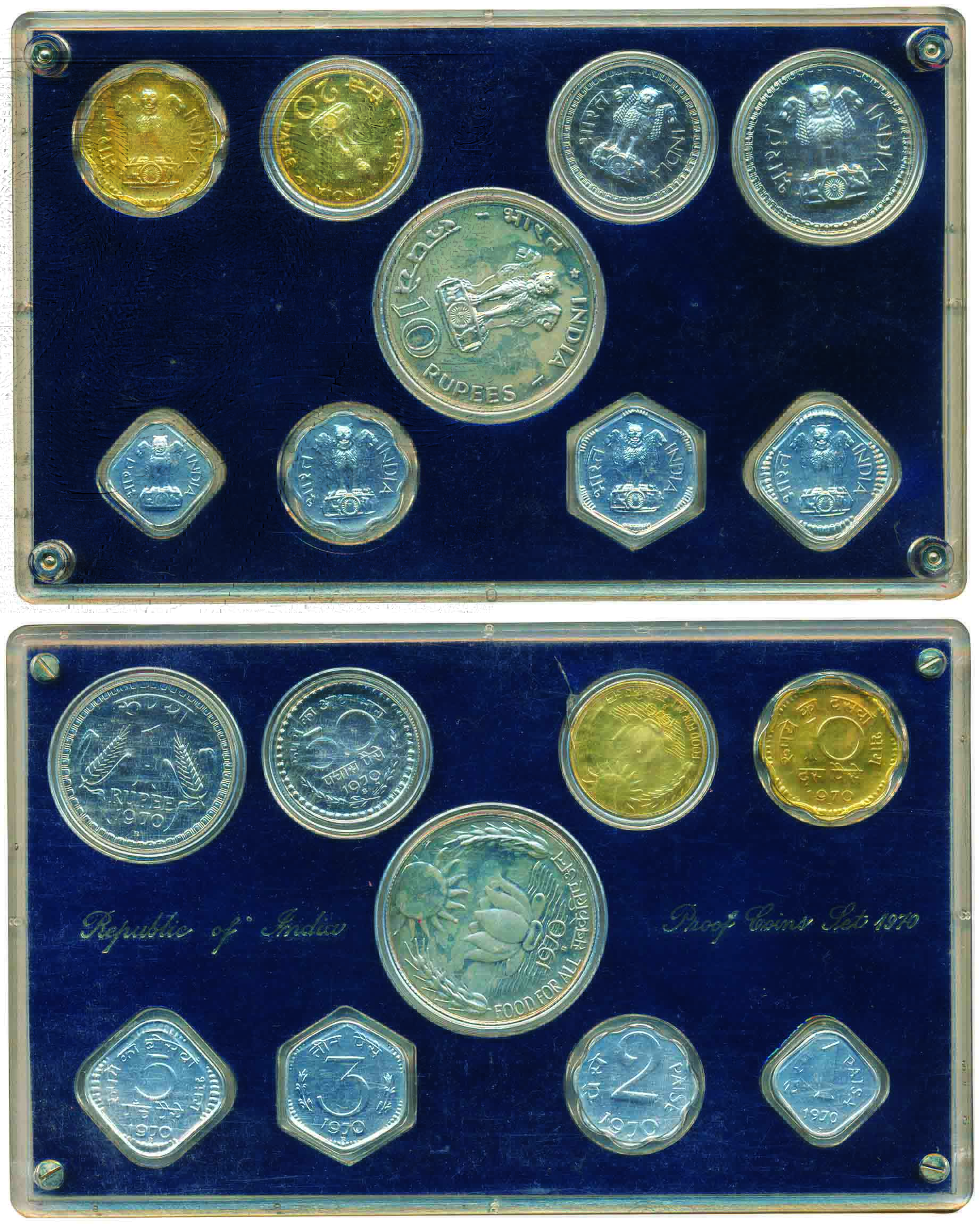1970, Proof set of ‘Food for All’ set of 9 coins, 10 Rupees to 1 Paisa, Bombay Mint, (RB# 
