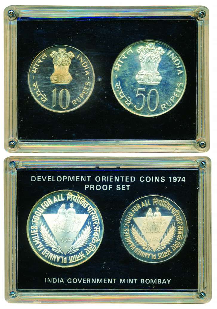 1974, Proof set of ‘Planned Families Food for all’ set of 2 coins, Rupees50&amp;10, Bombay